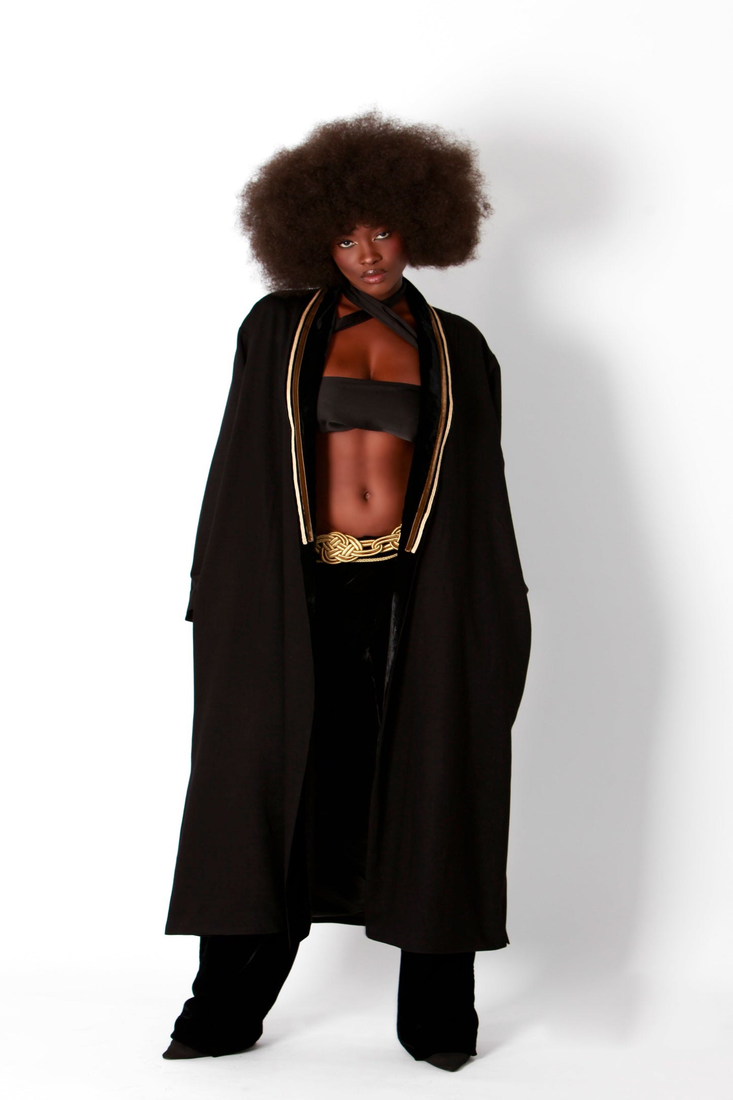 Black Cotton Satin Kimono with Brown Velvet and Golden Ribbon