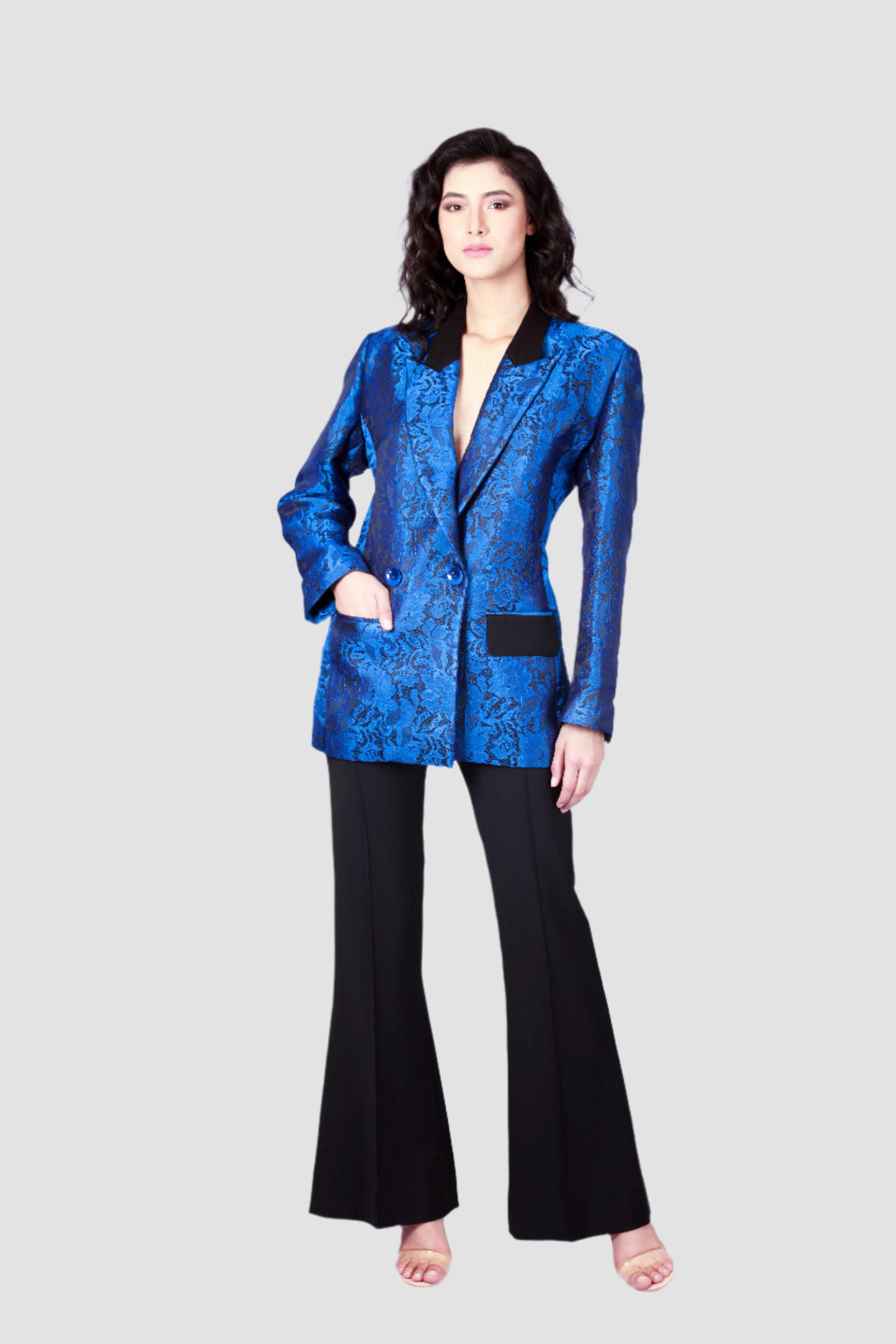 Blazer croisé en brocart de soie bleu