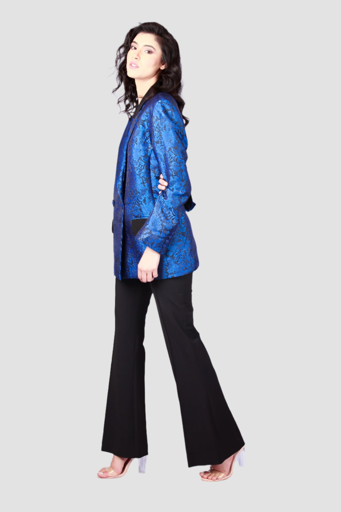 Blazer croisé en brocart de soie bleu