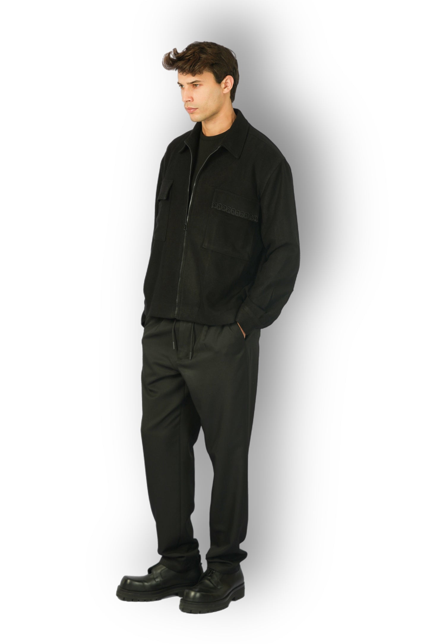 Black Cashmere Jacket with Zip, Handmade Detail on Pockets, Removable Fur Collar
