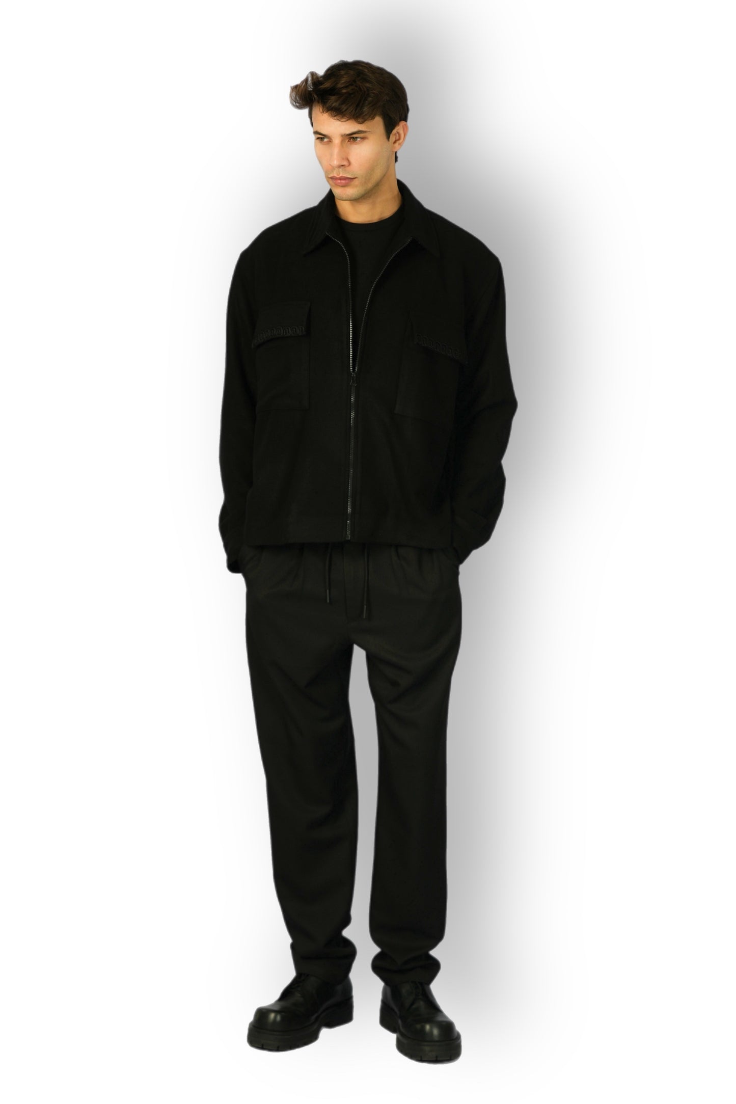 Black Cashmere Jacket with Zip, Handmade Detail on Pockets, Removable Fur Collar