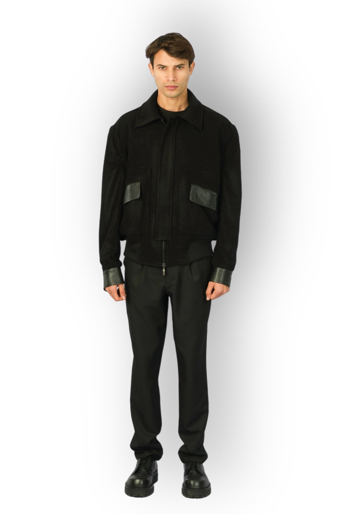 Black Cashmere Jacket with Moroccan Leather Details