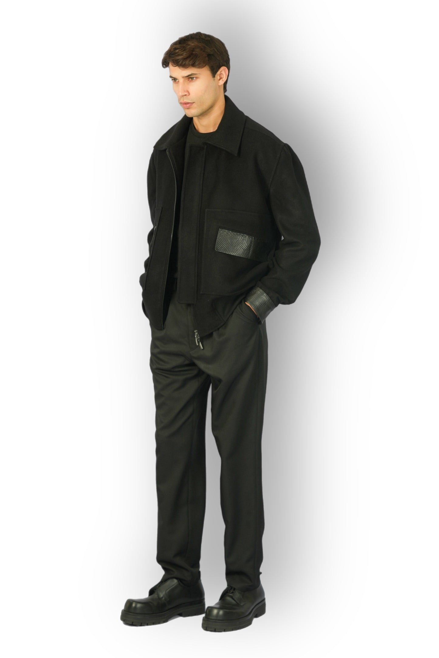 Black Cashmere Jacket with Moroccan Leather Details