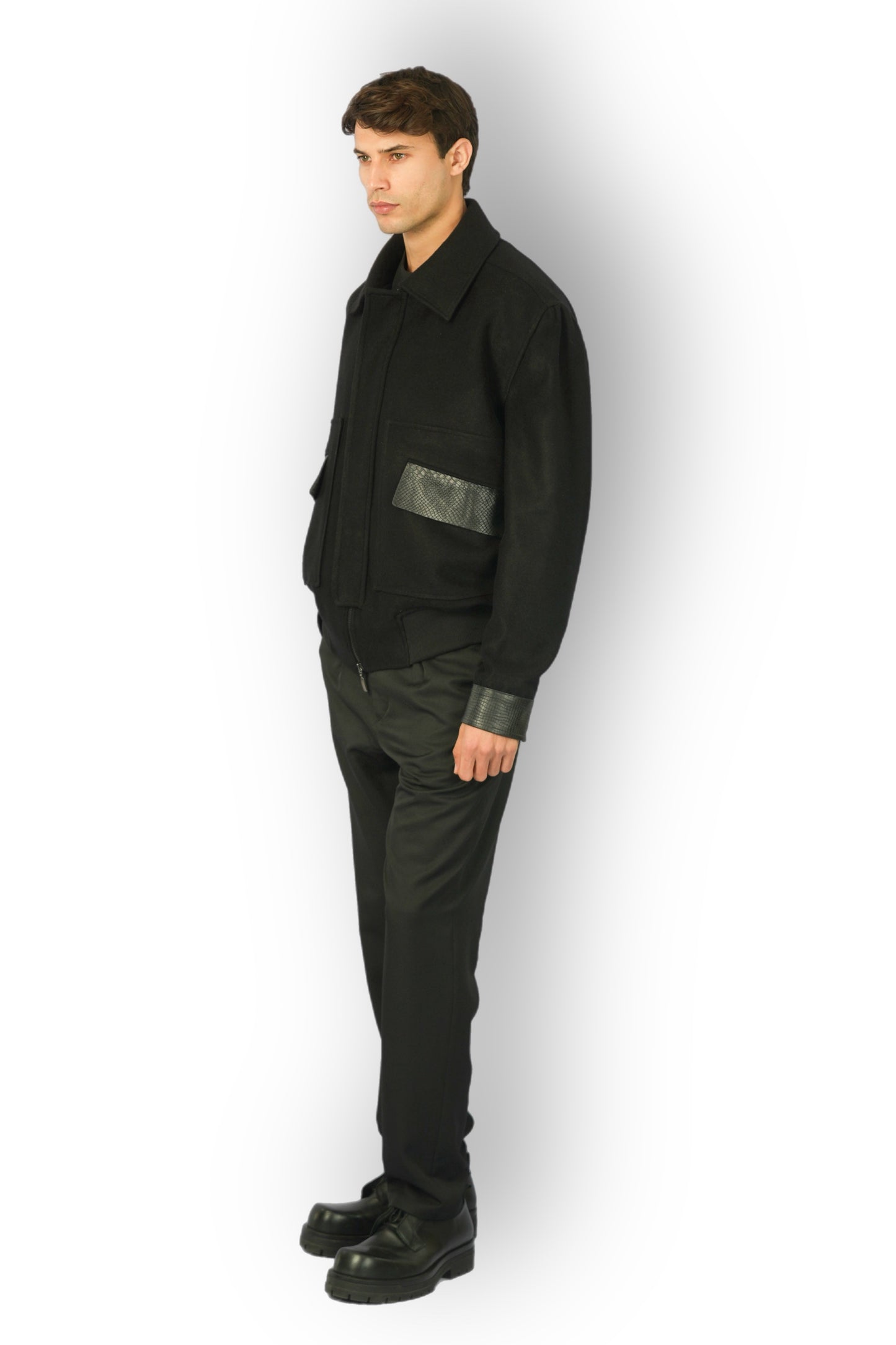 Black Cashmere Jacket with Moroccan Leather Details
