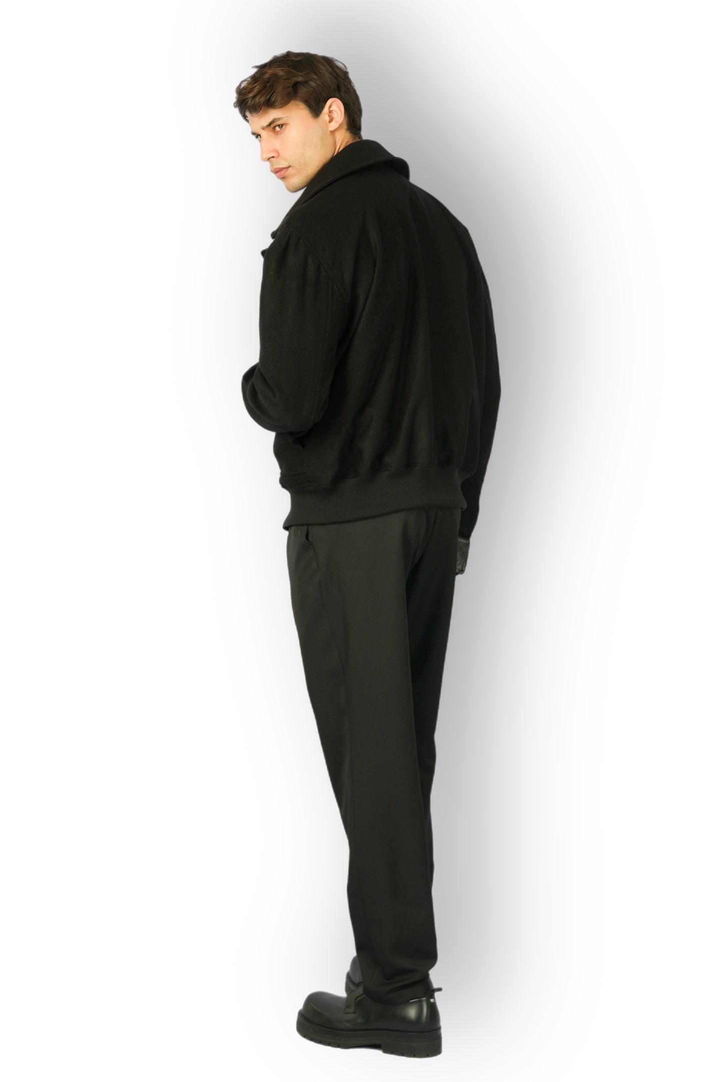 Black Cashmere Jacket with Moroccan Leather Details