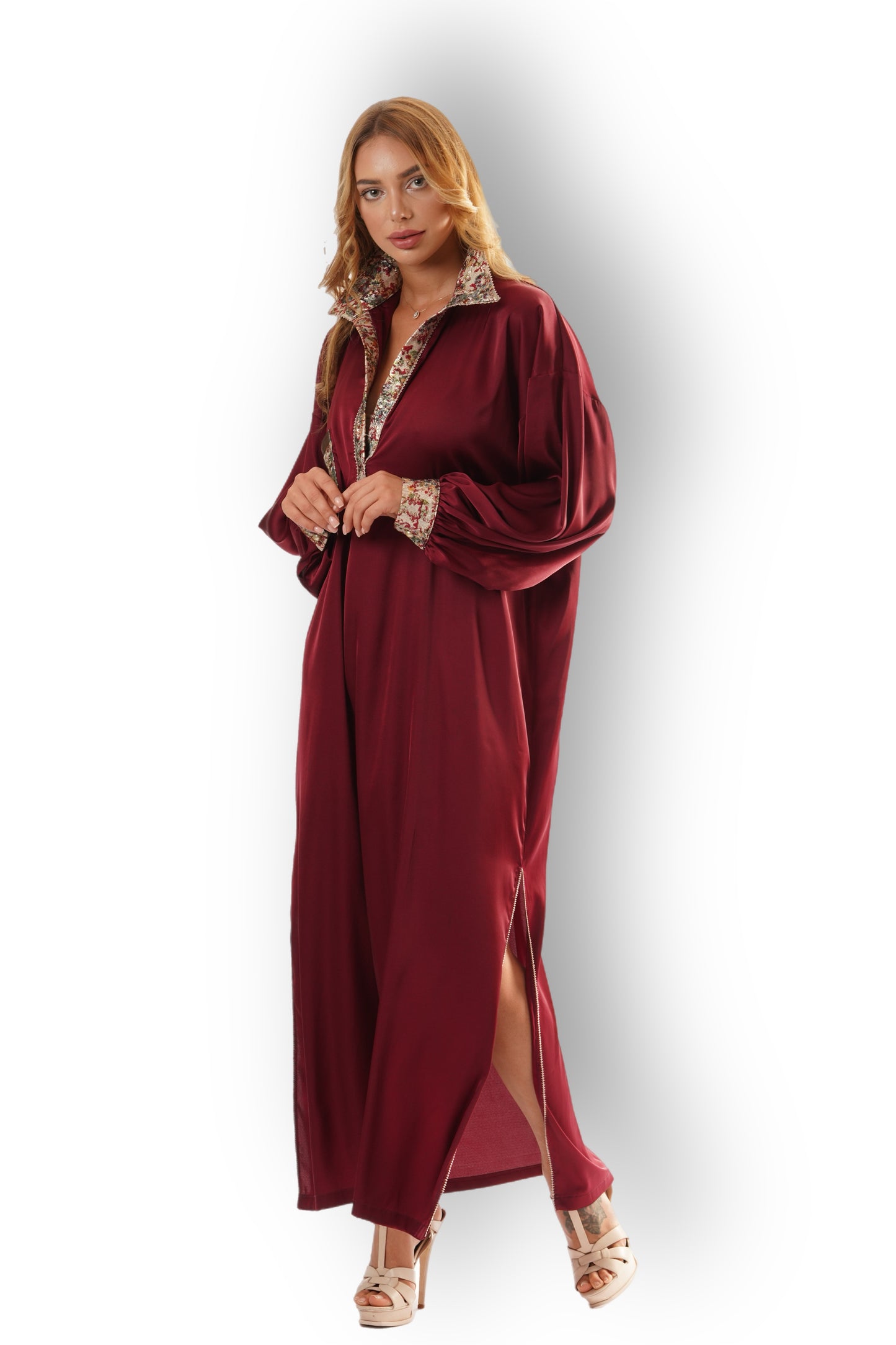 Burgundy Satin Shirt-Dress with Printed Collar and Cuffs