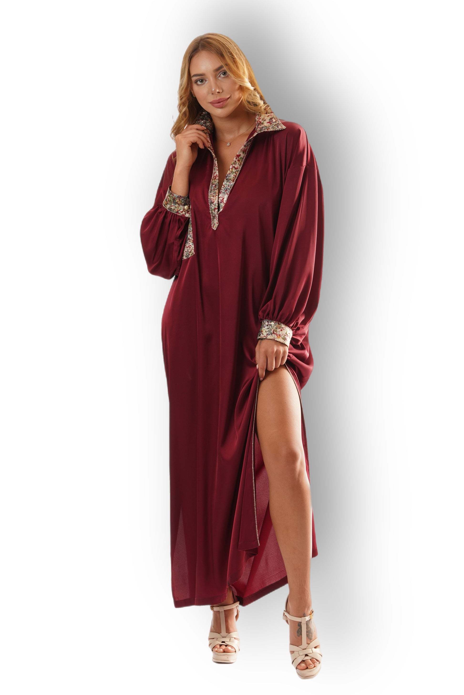Burgundy Satin Shirt-Dress with Printed Collar and Cuffs