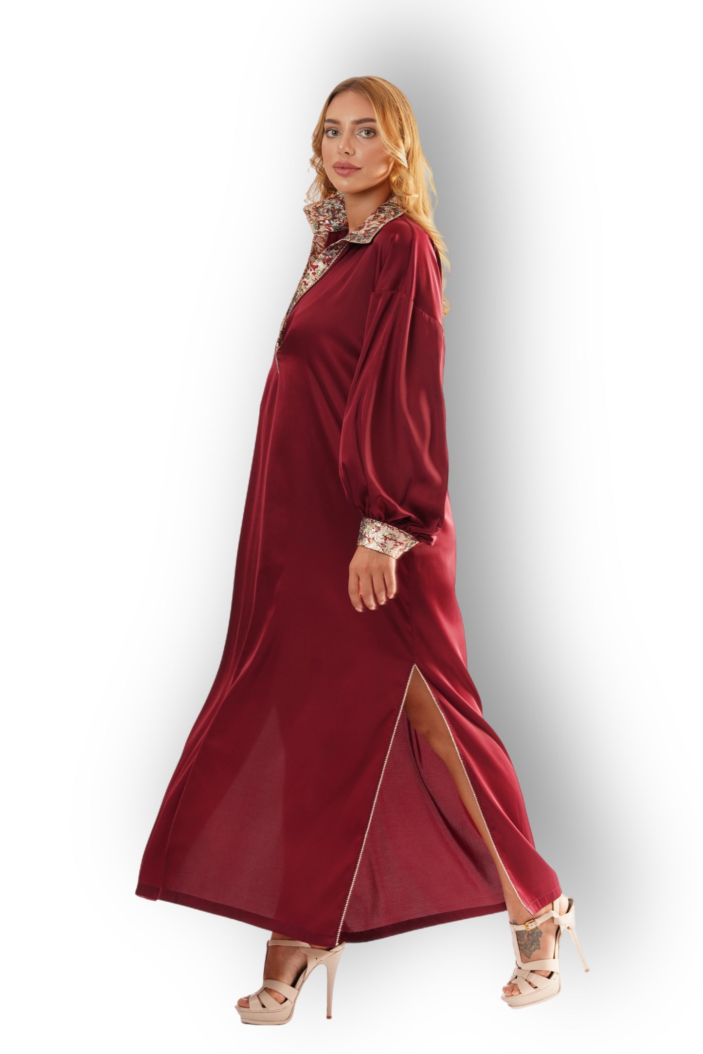 Burgundy Satin Shirt-Dress with Printed Collar and Cuffs