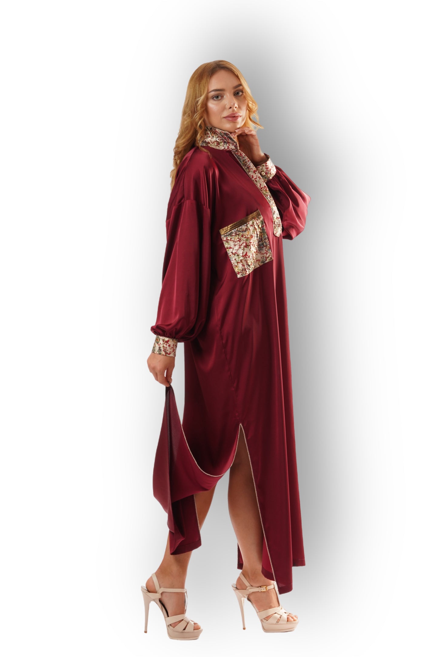 Burgundy Satin Shirt-Dress with Printed Collar and Cuffs