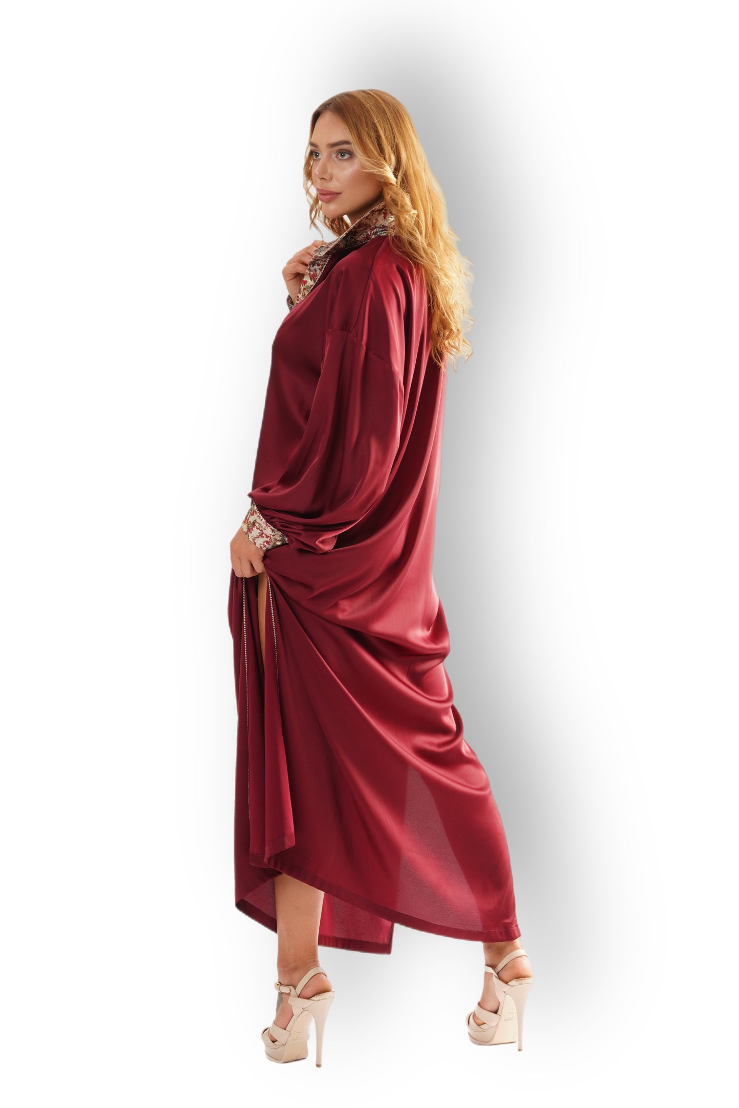 Burgundy Satin Shirt-Dress with Printed Collar and Cuffs