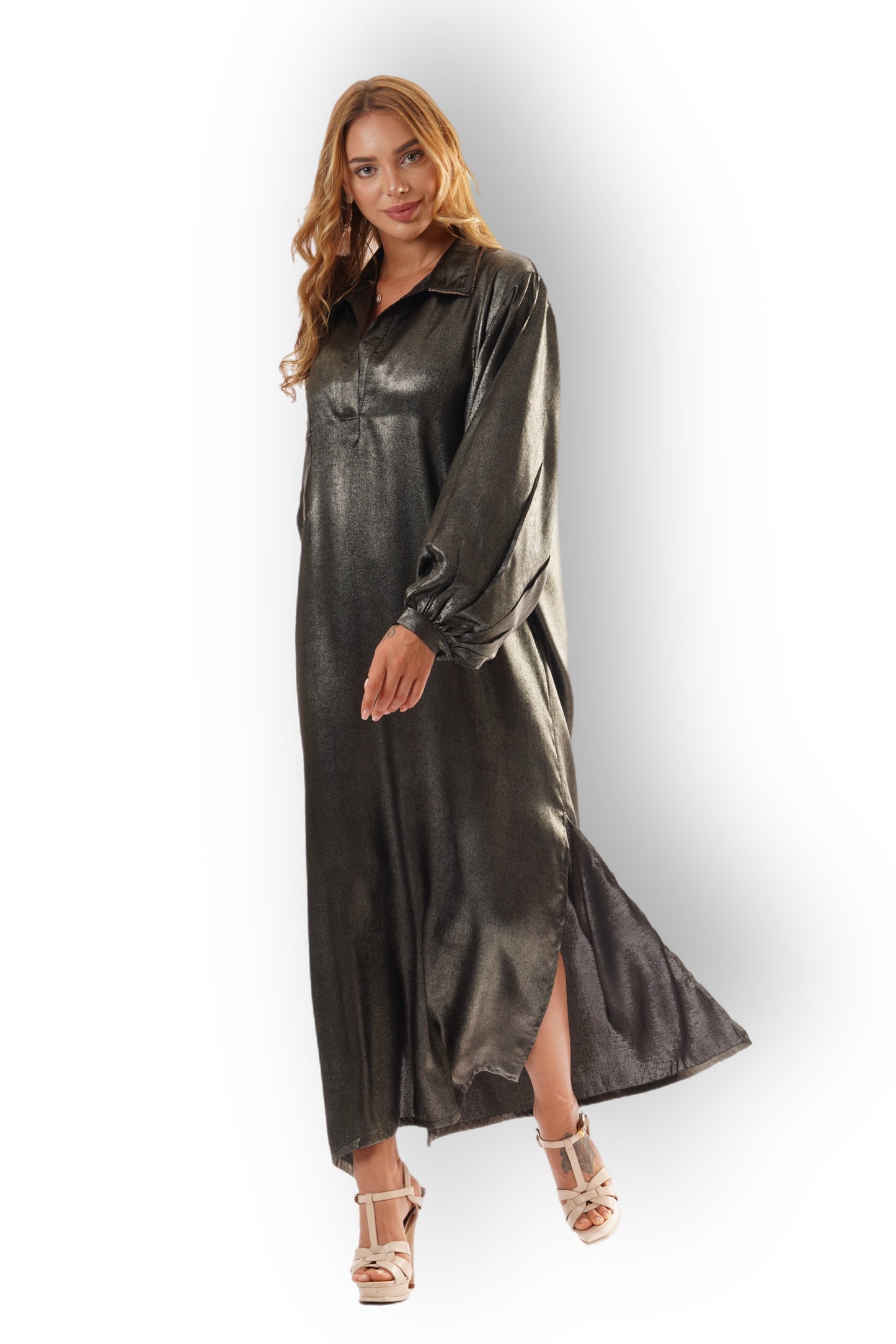 Black and Silver Silk Satin Shirt-Dress