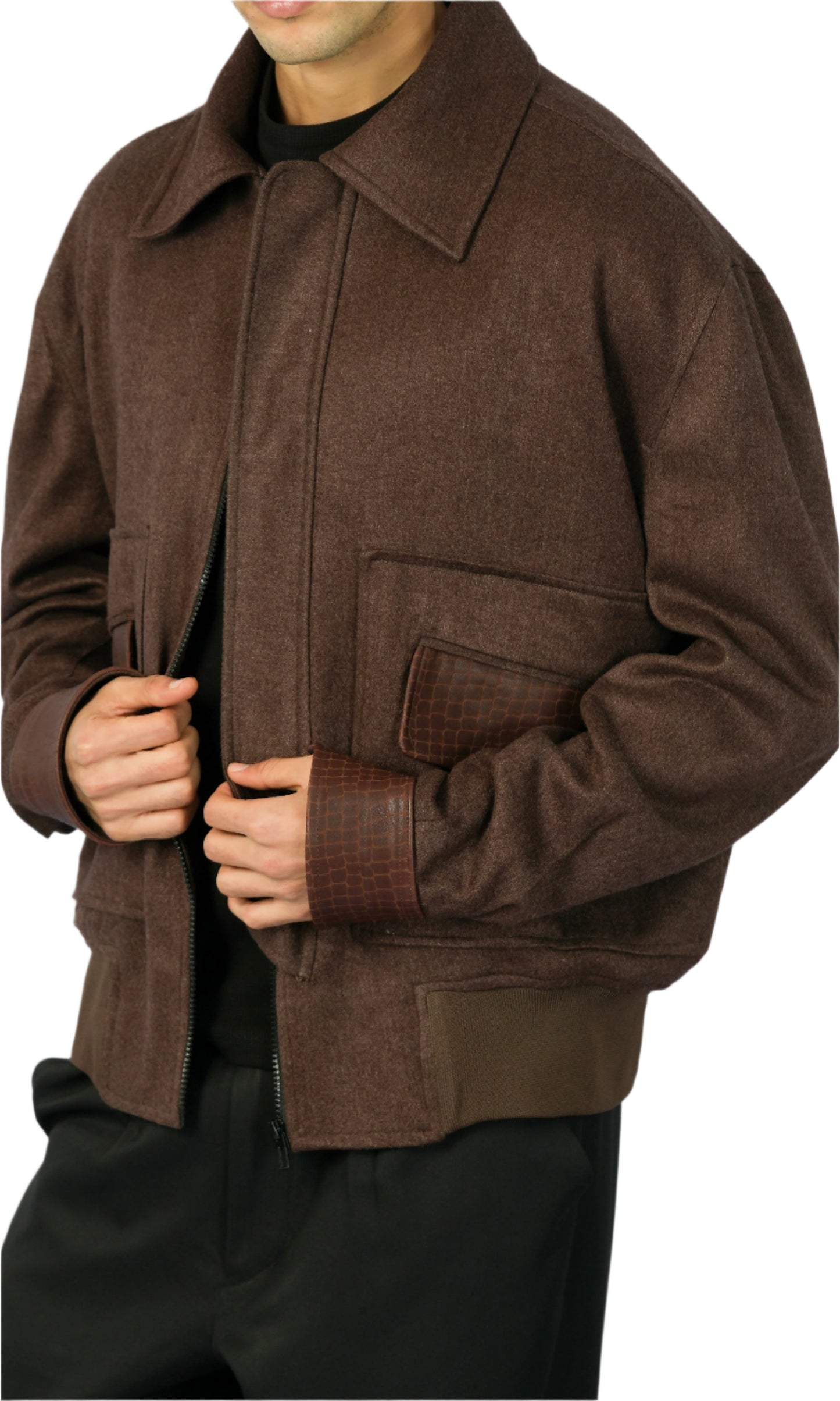 Brown Cashmere Jacket with Moroccan Leather Details