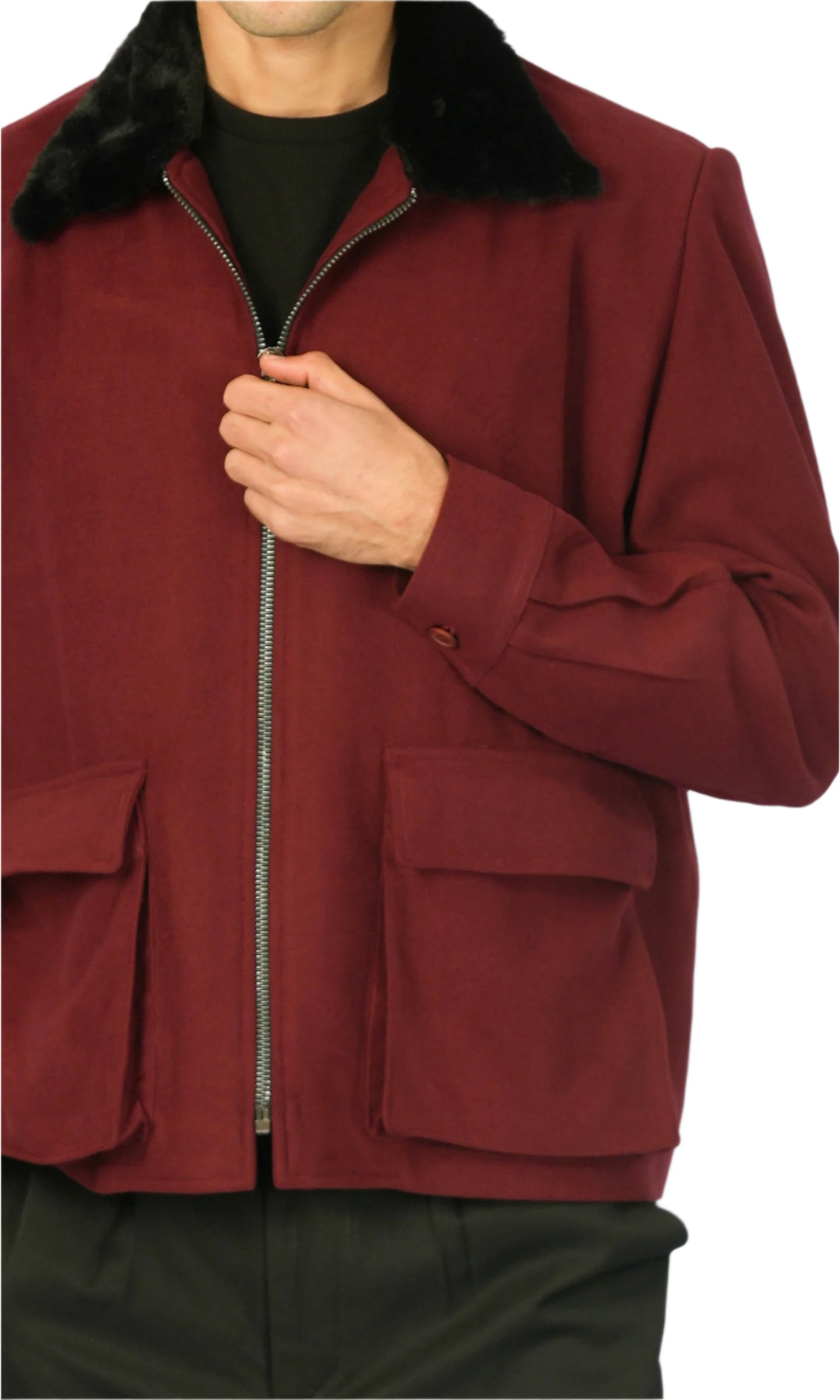 Burgundy Cashmere Jacket with Black Fur Collar