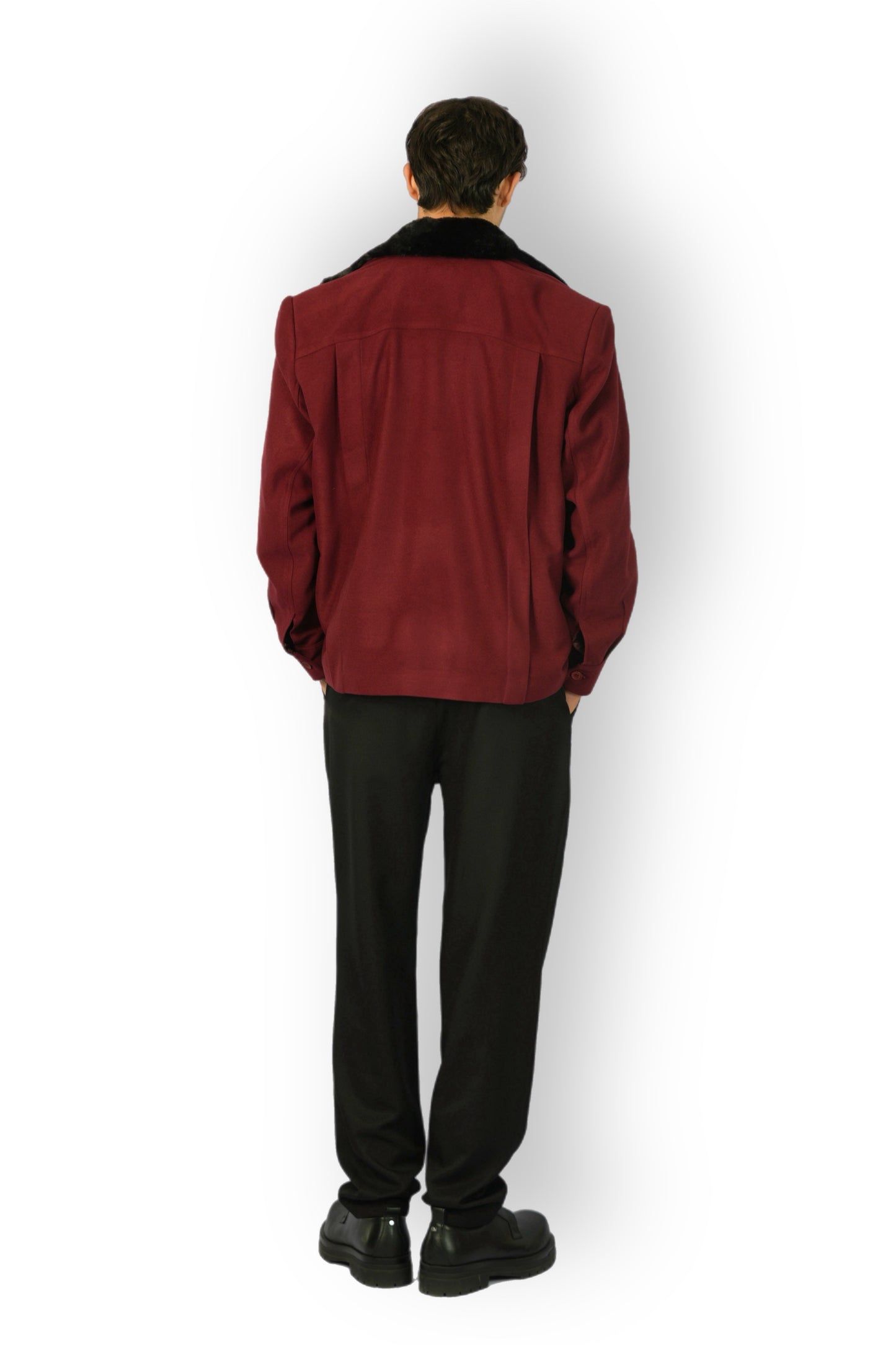 Burgundy Cashmere Jacket with Black Fur Collar