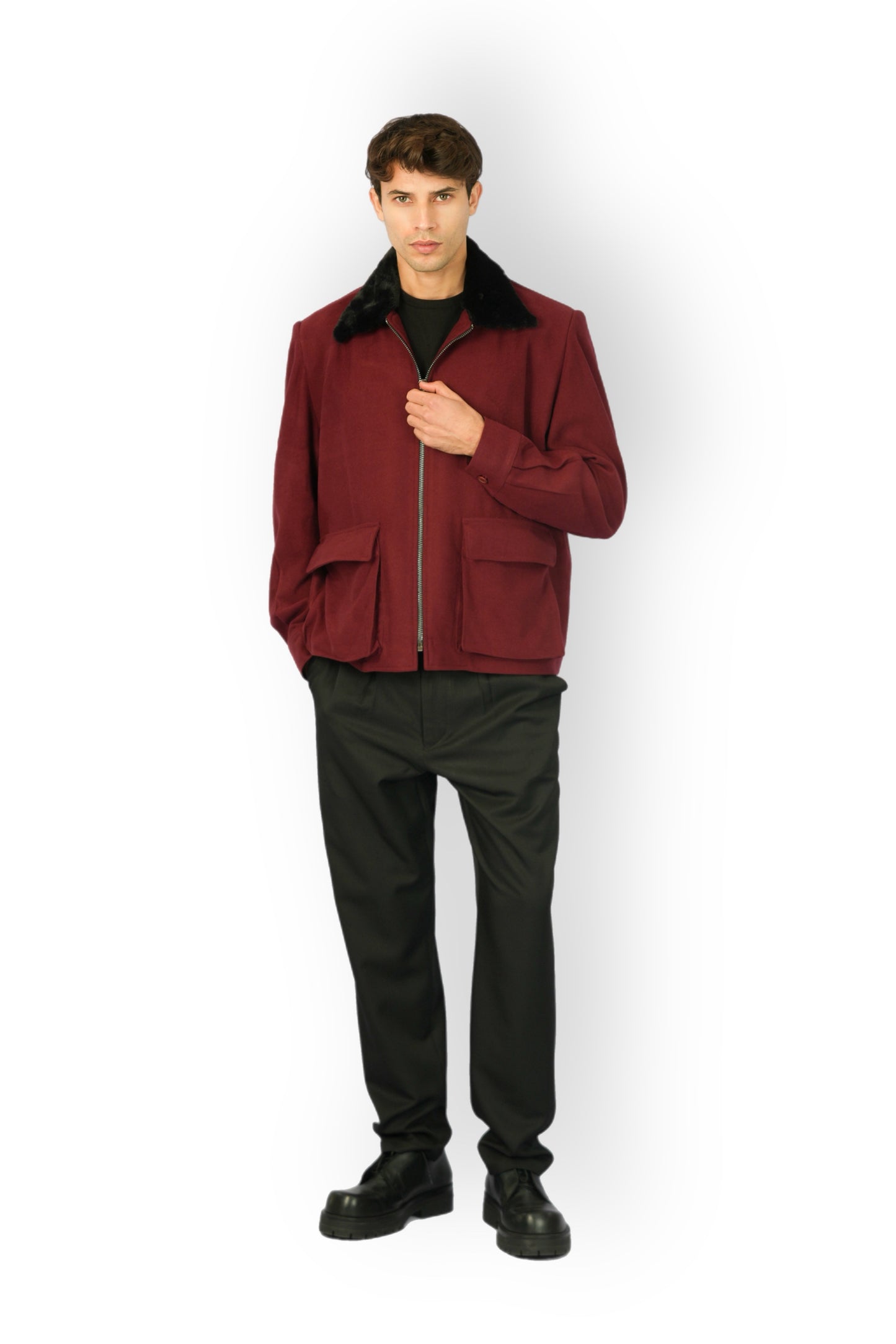 Burgundy Cashmere Jacket with Black Fur Collar