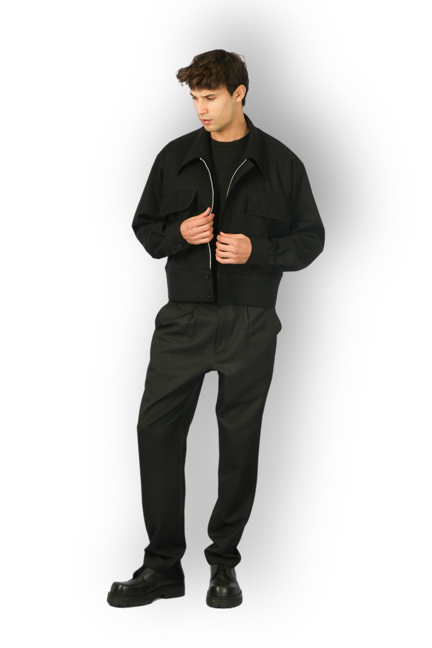 Black Cashmere Jacket with Zip, Handmade Detail on Cuffs and Pockets