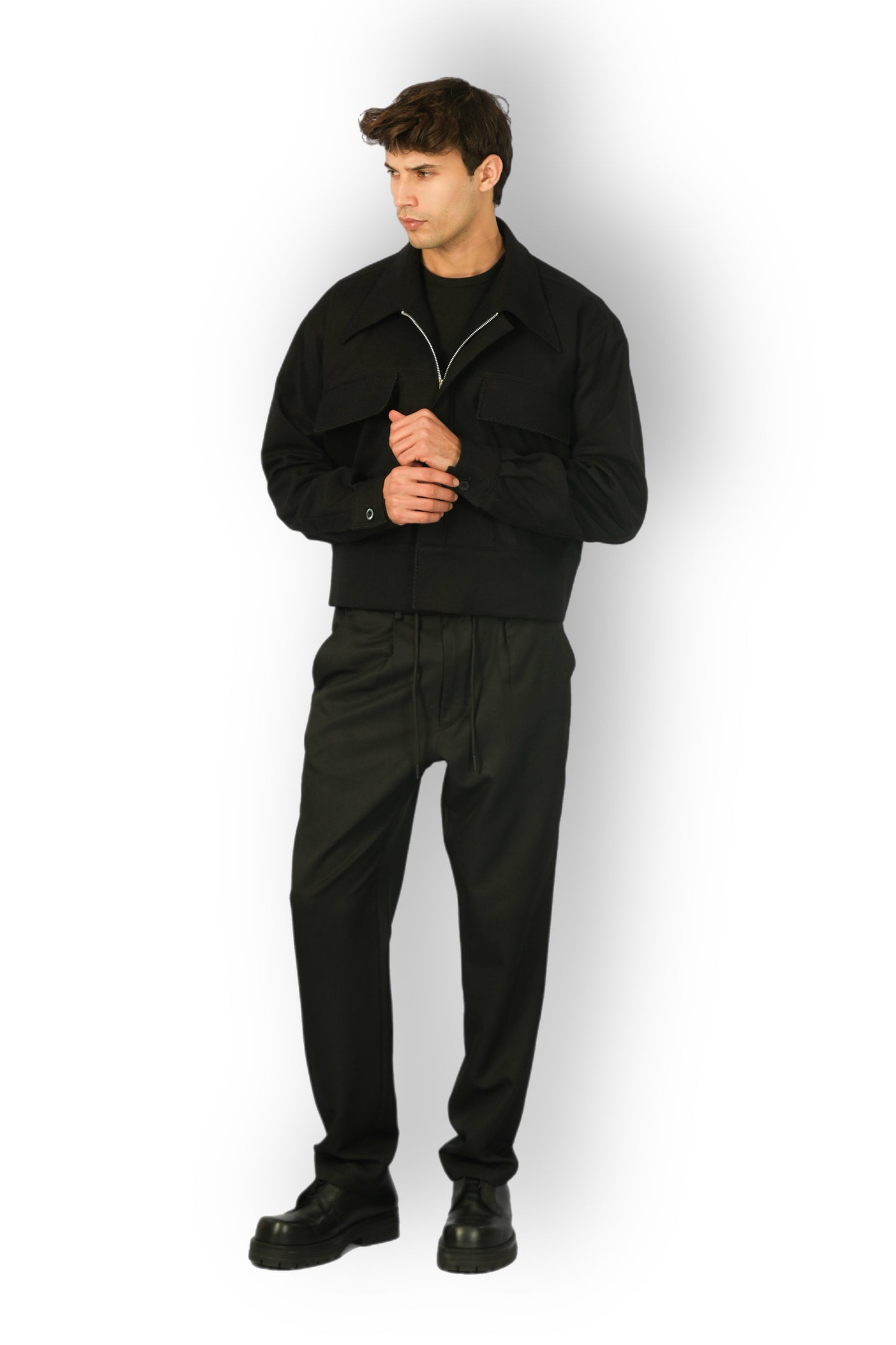 Black Cashmere Jacket with Zip, Handmade Detail on Cuffs and Pockets