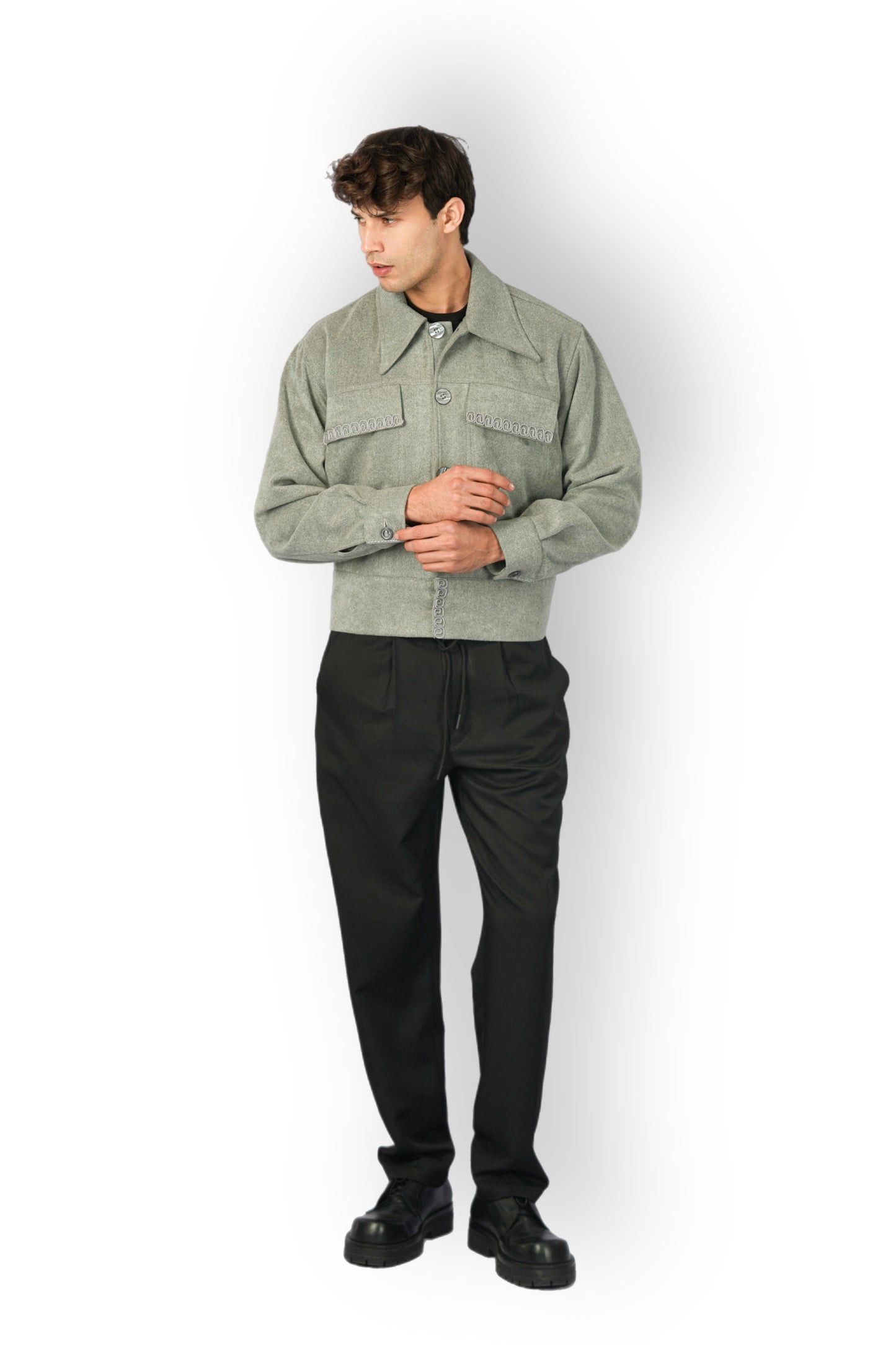 Grey Cashmere Jacket with Buttons, Handmade Detail on Pockets