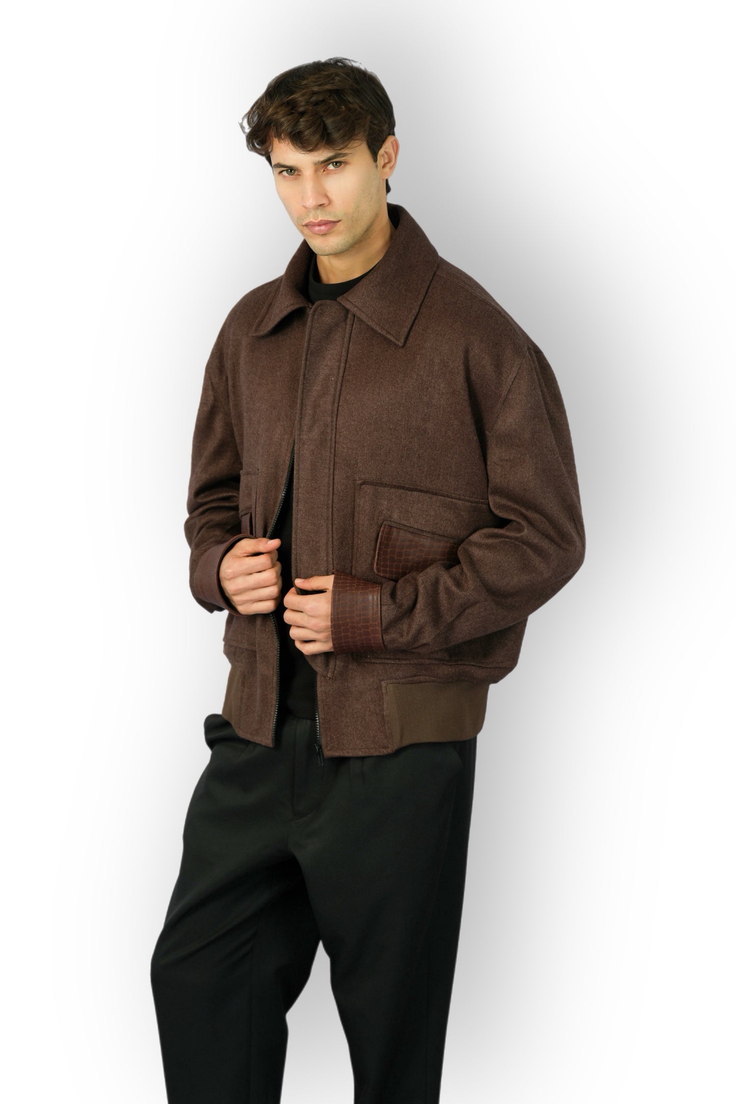 Brown Cashmere Jacket with Moroccan Leather Details