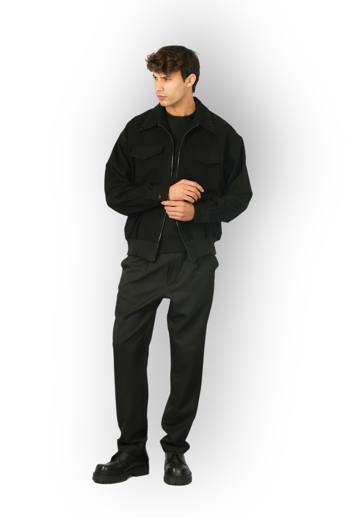 Black Cashmere Jacket with Zip, Handmade Detail on Collar and Pockets