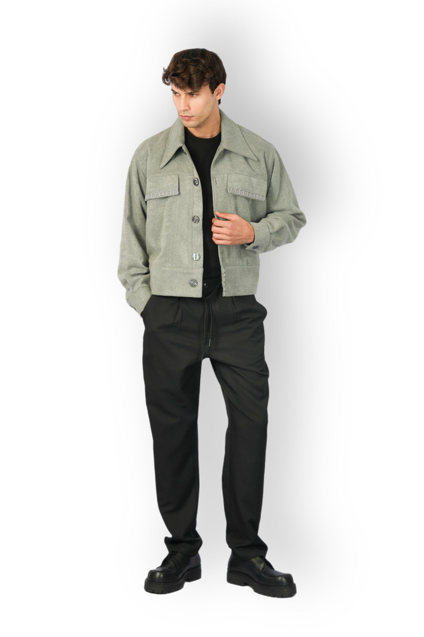 Grey Cashmere Jacket with Buttons, Handmade Detail on Pockets