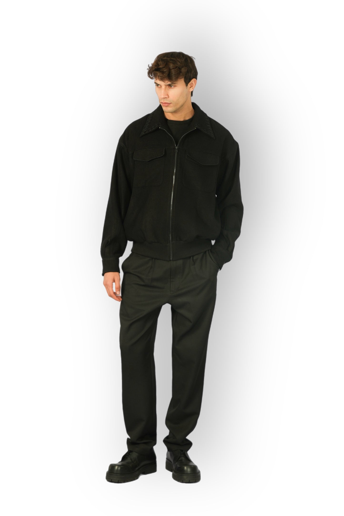 Black Cashmere Jacket with Zip, Handmade Detail on Collar and Pockets