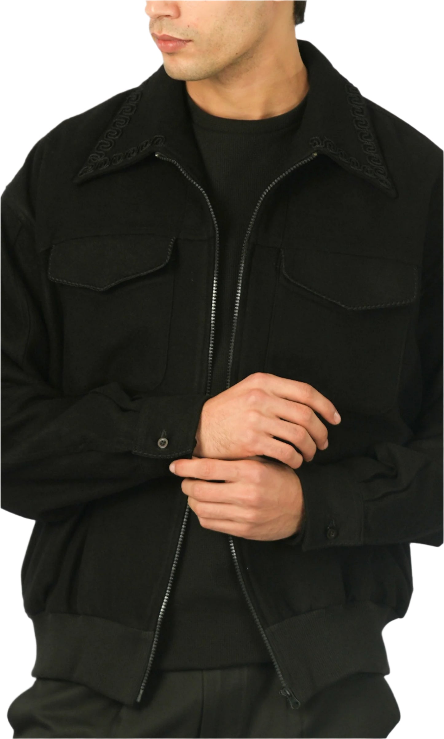 Black Cashmere Jacket with Zip, Handmade Detail on Collar and Pockets