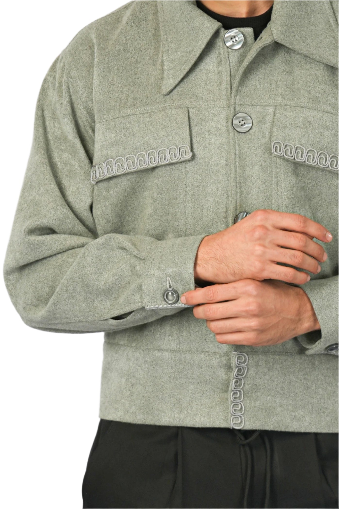 Grey Cashmere Jacket with Buttons, Handmade Detail on Pockets