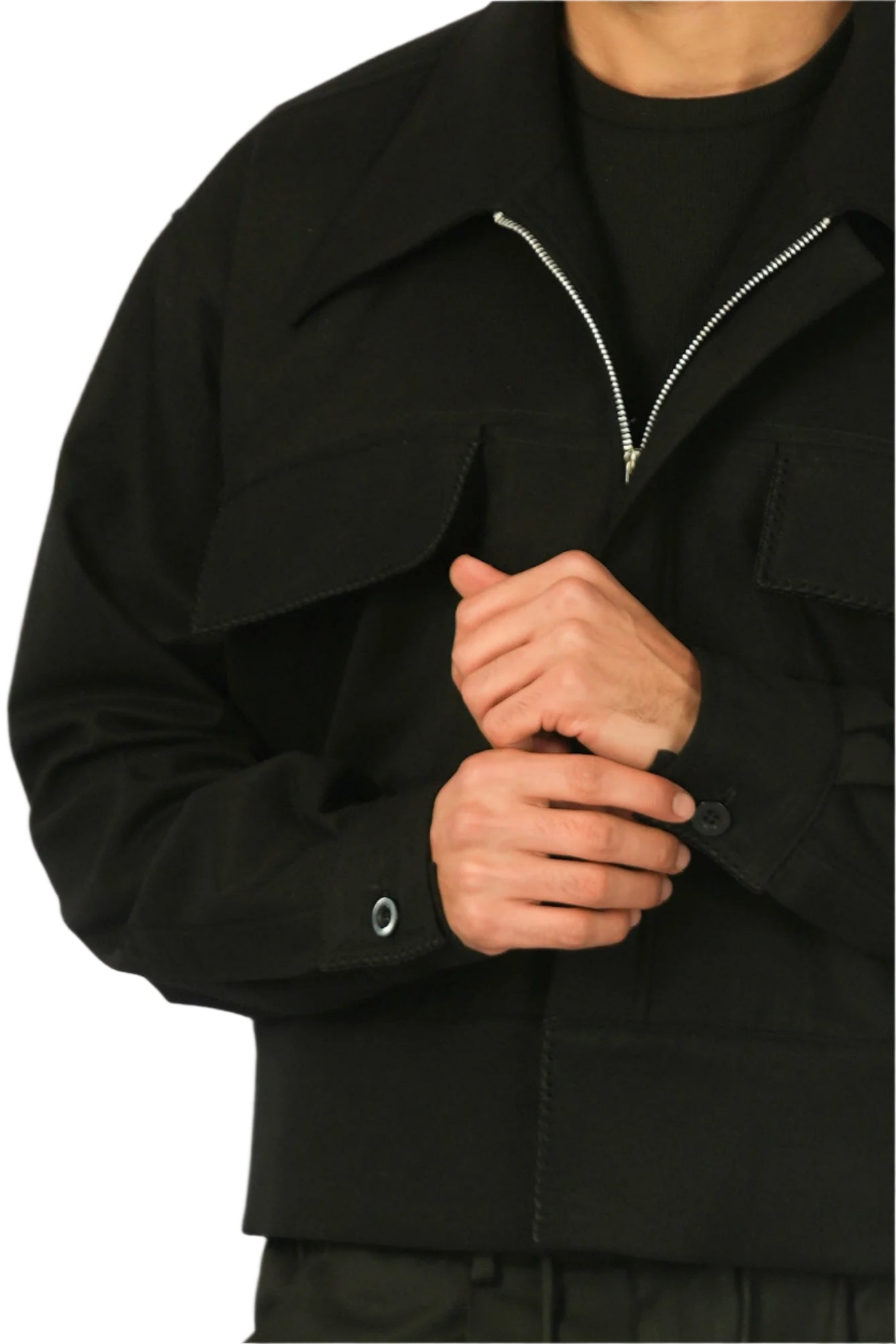 Black Cashmere Jacket with Zip, Handmade Detail on Cuffs and Pockets