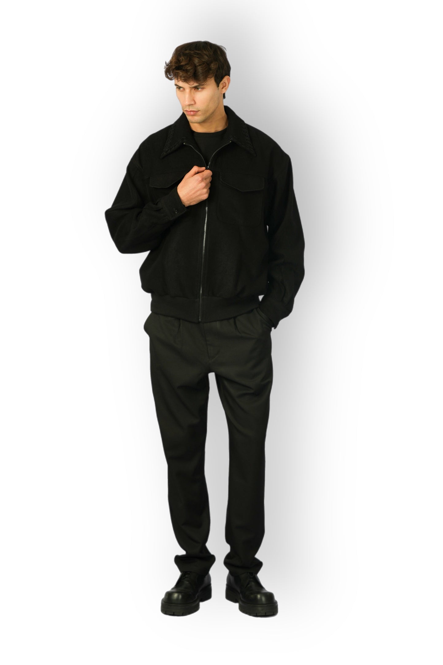 Black Cashmere Jacket with Zip, Handmade Detail on Collar and Pockets