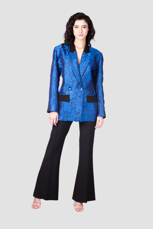 Blue Silk Brocade Double-breasted Blazer