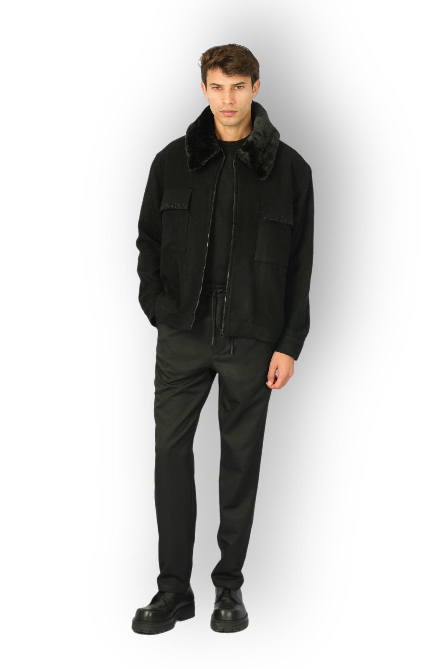 Black cashmere jacket with removable fur collar