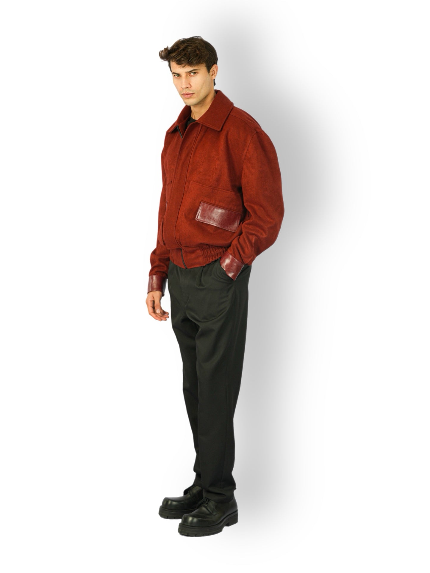 Brick Red Cashmere Jacket with Moroccan Leather Details