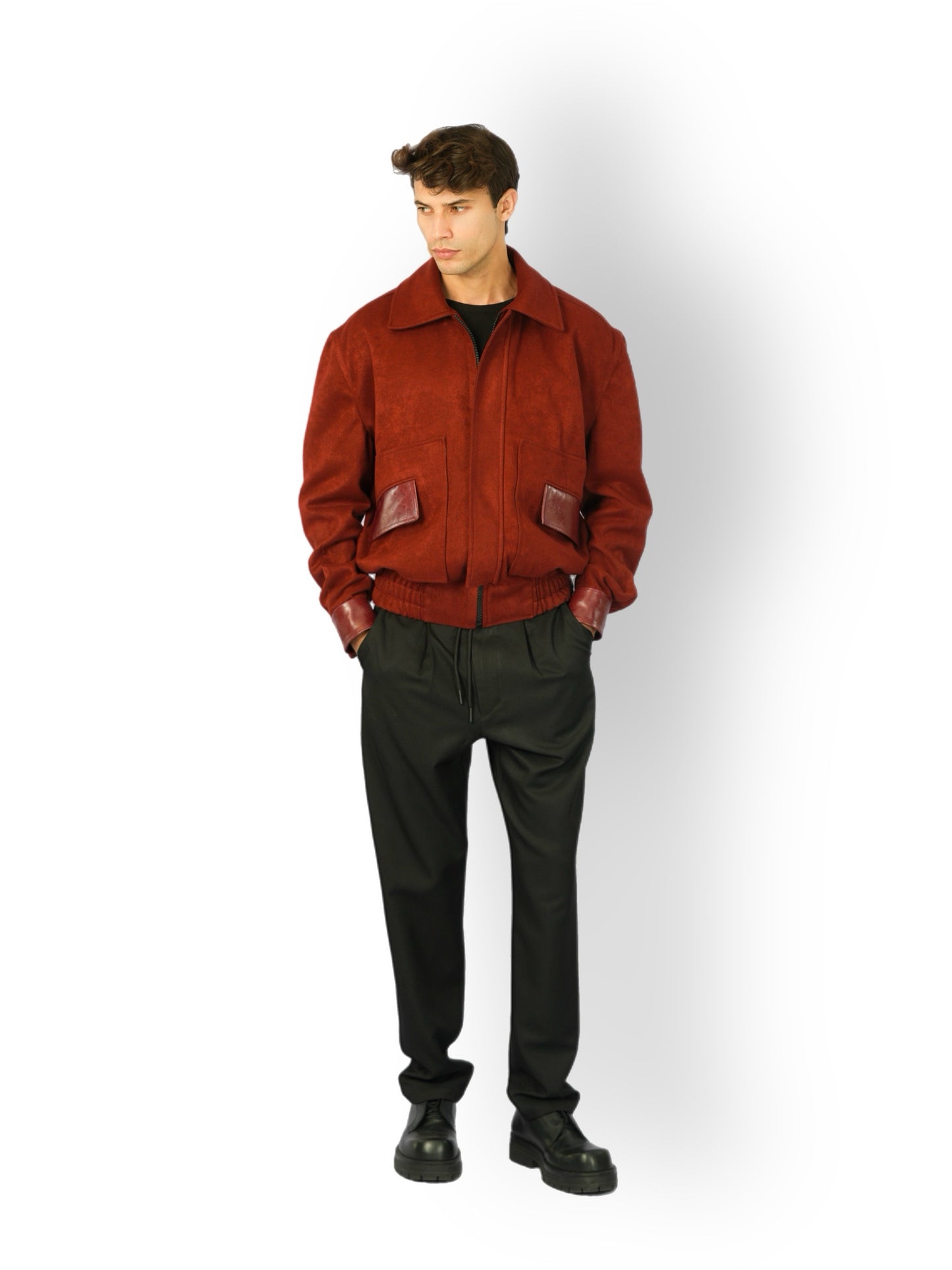 Brick Red Cashmere Jacket with Moroccan Leather Details