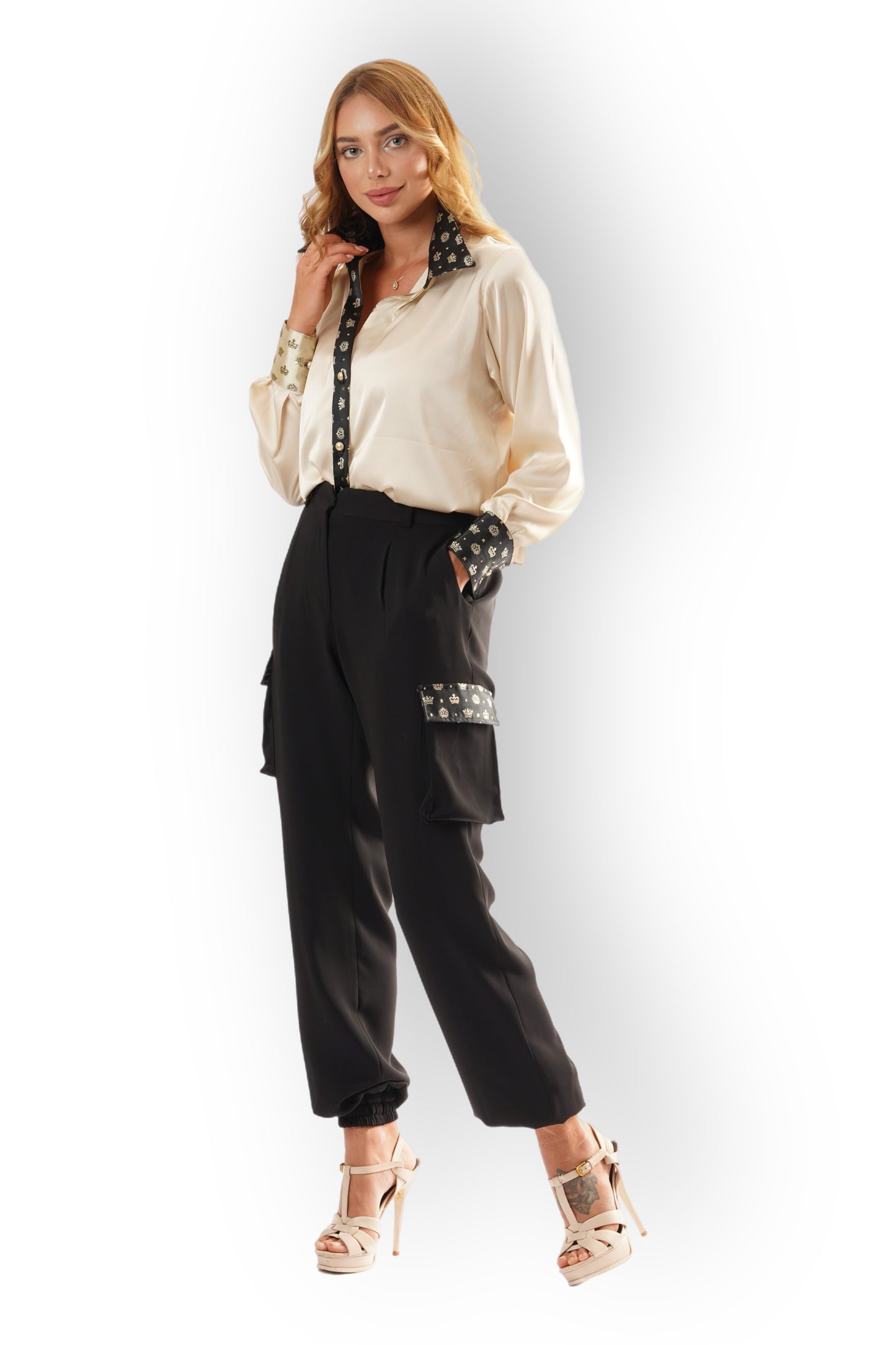 Beige Silk Satin Shirt Set with Printed Collar and Black Cargo Trousers