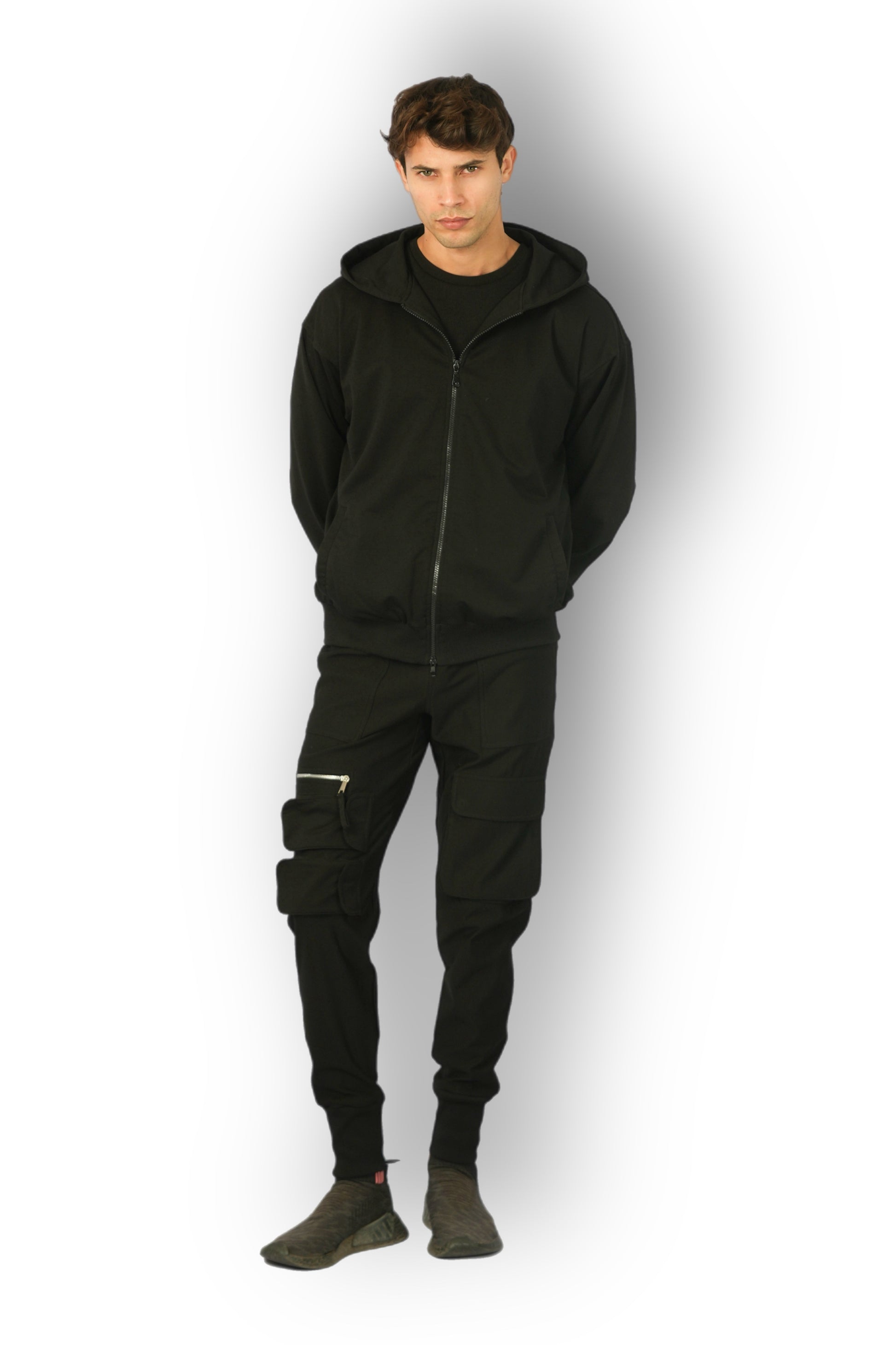 High-end black cargo pants with functional zip details