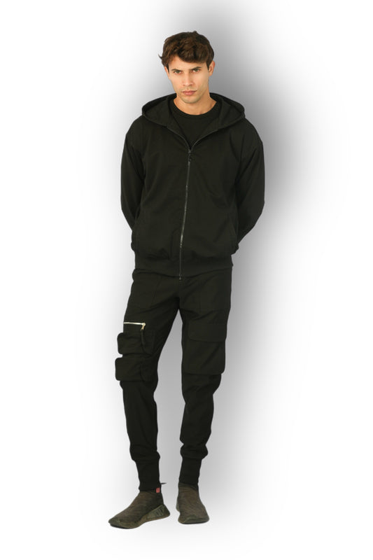 High-end black cargo pants with functional zip details