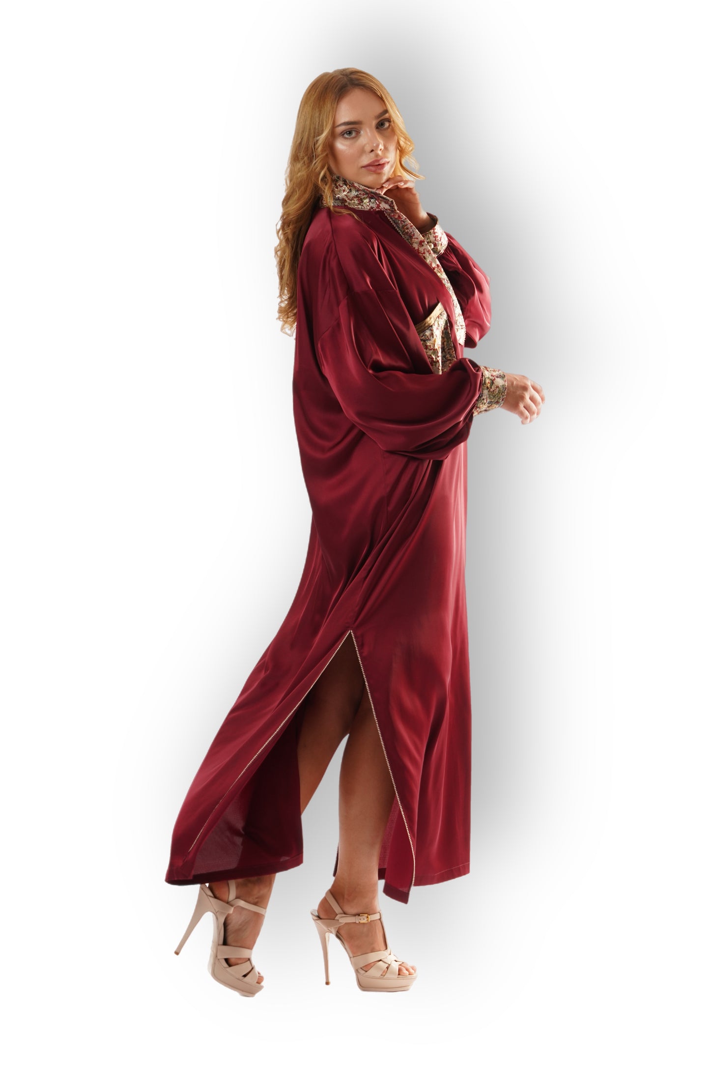Burgundy Satin Shirt-Dress with Printed Collar and Cuffs