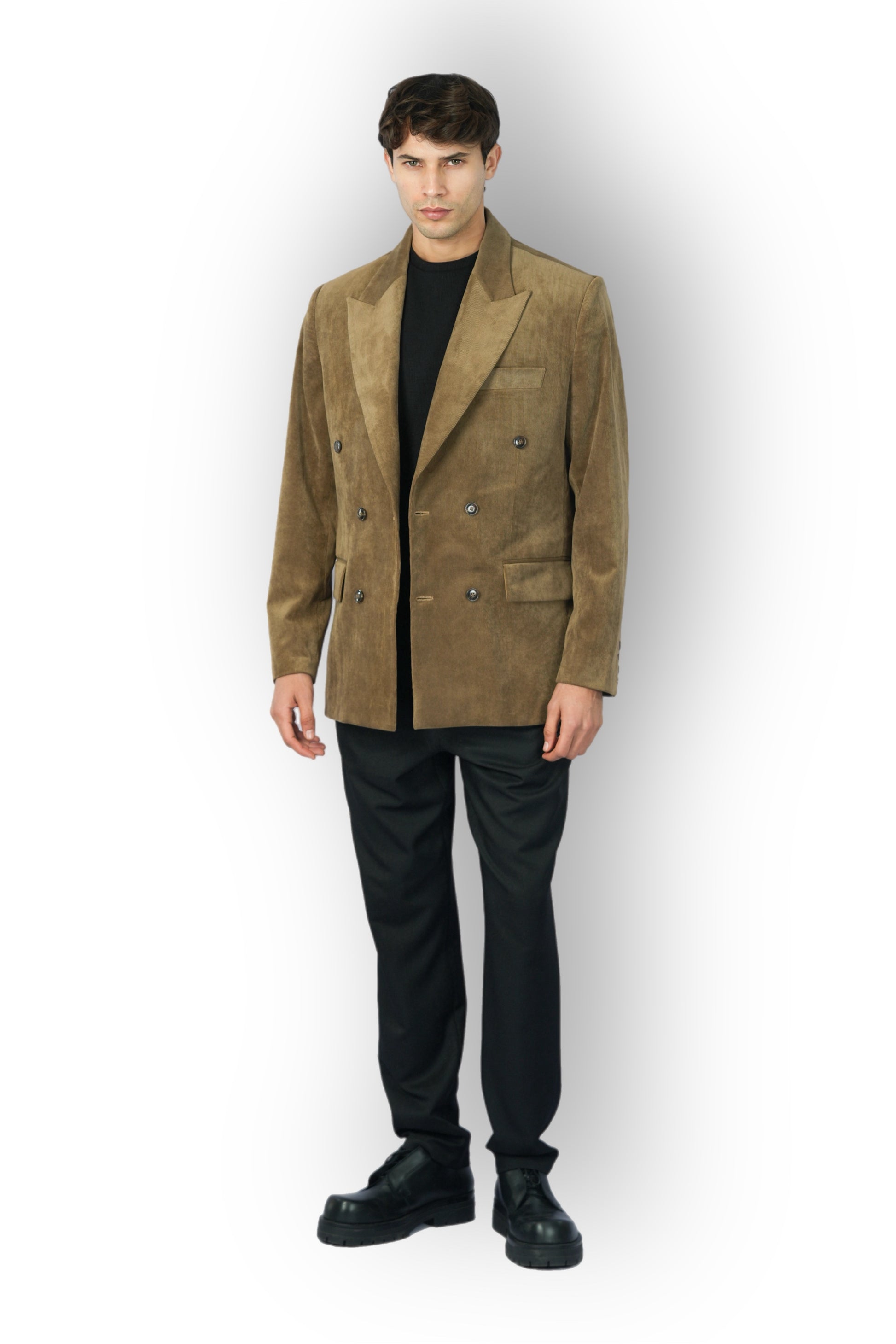 Camel Suede Double-Breasted Blazer
