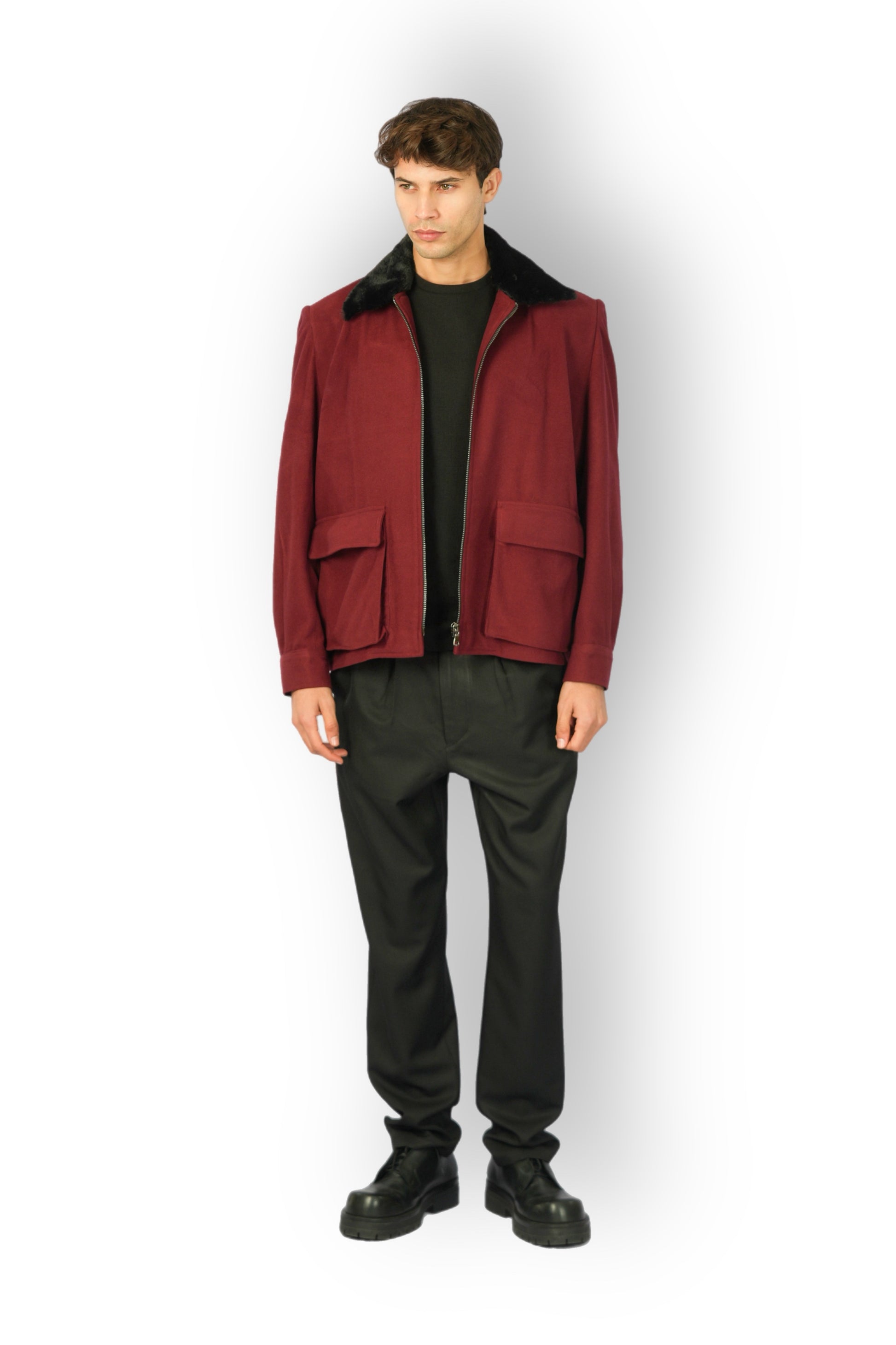 Burgundy Cashmere Jacket with Black Fur Collar
