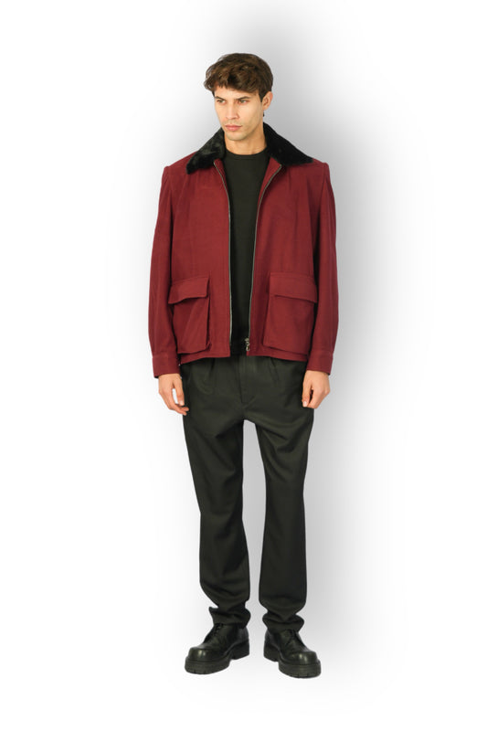 Burgundy Cashmere Jacket with Black Fur Collar