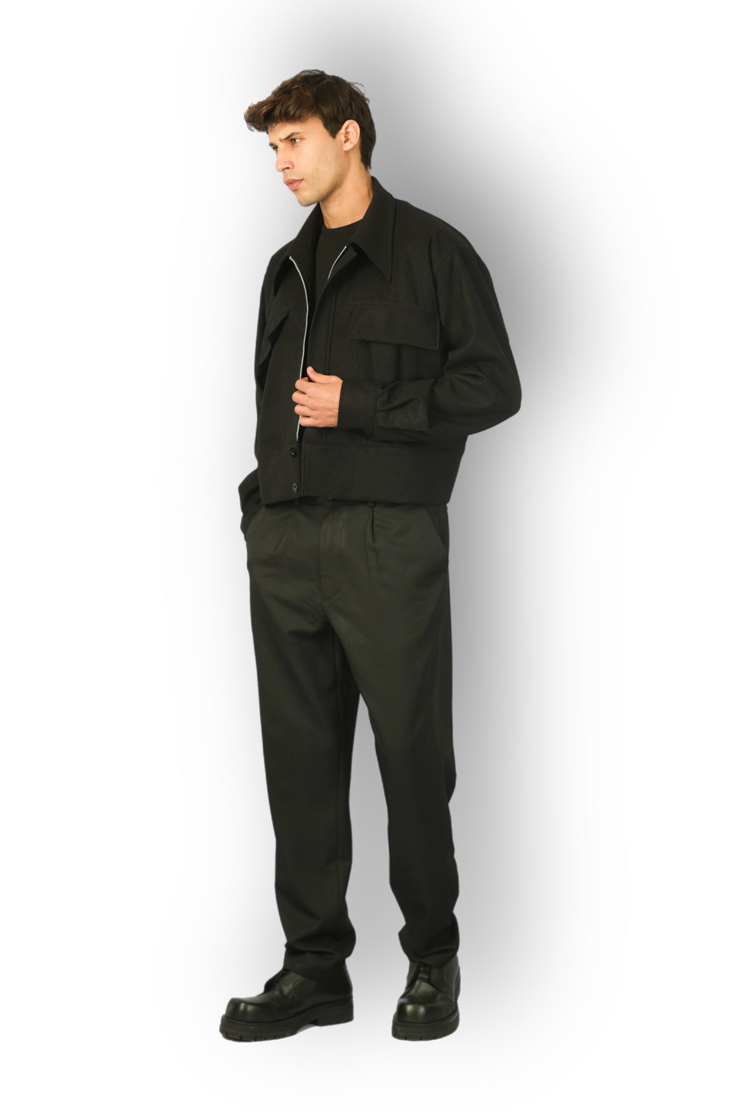 Black Cashmere Jacket with Zip, Handmade Detail on Cuffs and Pockets
