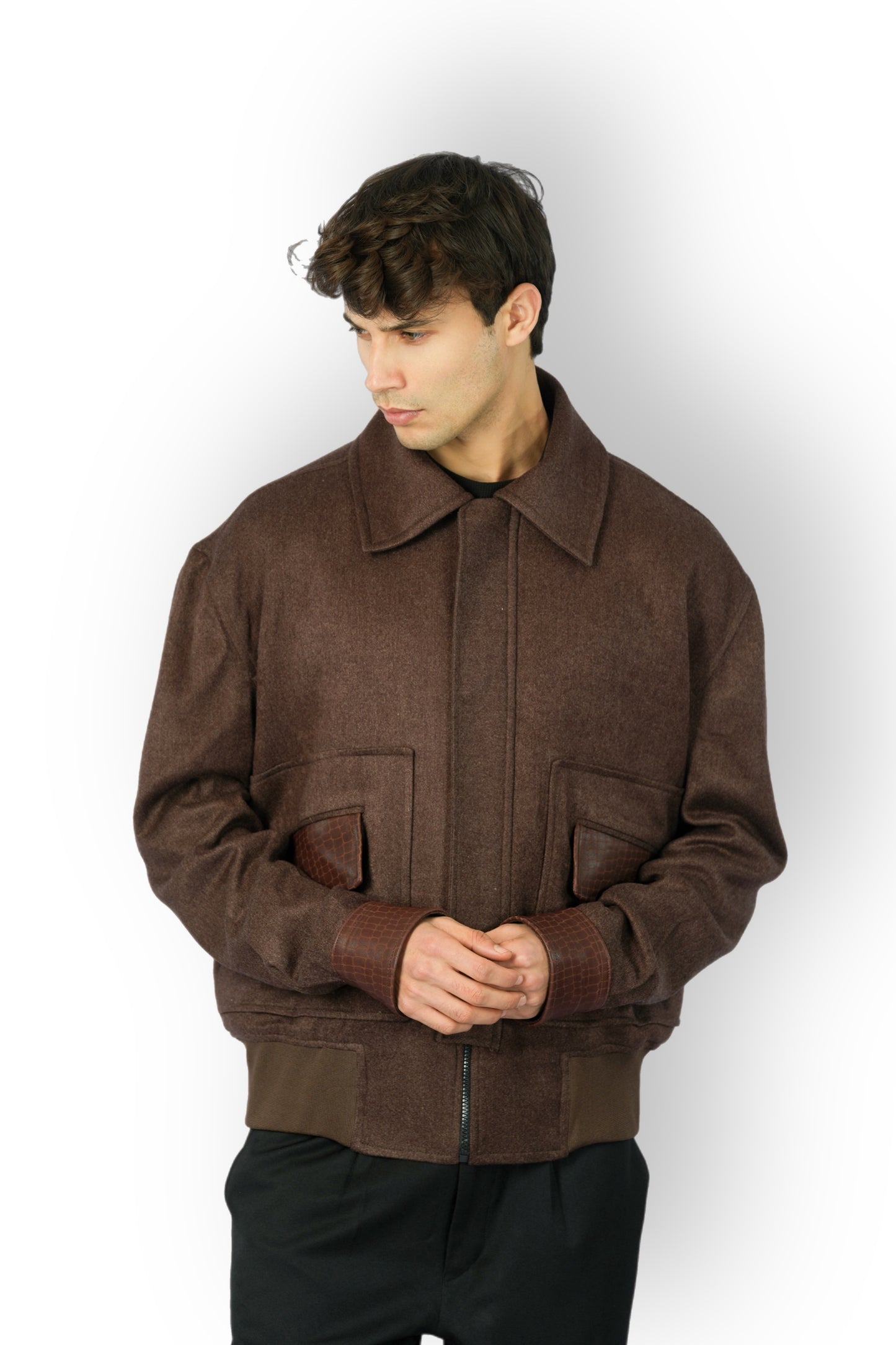 Brown Cashmere Jacket with Moroccan Leather Details